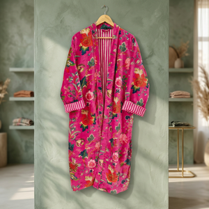 Robe longue en velours imprimé floral rose pour femme, peignoir enveloppant, manches trois quarts, style hiver-printemps, kimono - Product Image 5