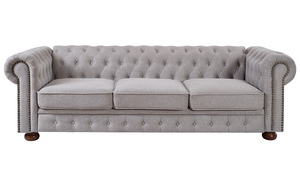 Canapé sectionnel Chesterfield en tissu lin (gris clair) Design capitonné moderne avec pieds en bois Remplissage en mousse à mémoire de forme pour salon - Product Image 6