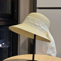 Chapeau de soleil d'été pliable Landfond tendance pour femme, en paille, avec ruban en dentelle blanche, idéal pour la pêche et les activités décontractées en extérieur