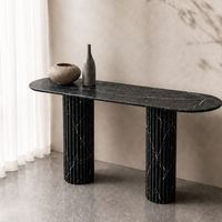 Table console moderne de luxe en marbre noir avec piétement sur colonne pour bar à domicile, entrée de villa et salon – Meuble en pierre naturelle