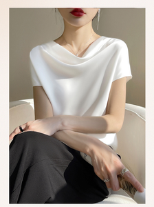 <span class=keywords><strong>Top</strong></span> da <span class=keywords><strong>Donna</strong></span> in <span class=keywords><strong>Raso</strong></span> di Seta a Maniche Corte Taglie Forti, Elegante T-shirt Semplice con Colletto alla Francese, Novità Primavera Estate 2024 - Product Image 4