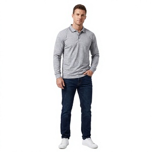 Chemise à manches longues pour homme en jersey de coton gris uni, col boutonné, tricotée, respirante, infroissable, imprimée numériquement - Product Image 1