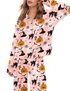 Pigiama Floreale in Raso Personalizzato per <span class=keywords><strong>Donna</strong></span>, in Poliestere e Spandex, Maniche Lunghe con Bottoni, Set da Notte in 2 Pezzi per Halloween - Product Image 2
