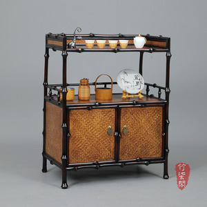Bamboo Ming Style Tea <b>Sideboard</b> Chinese Antique <b>Storage</b> Cabinet With Woven Panels For Tea Set Display And Organization - Product Image 1