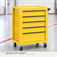 Armoire à outils roulante industrielle jaune à 5 tiroirs, coffre en acier sur roulettes chromées avec serrure et poignée latérale pour atelier
