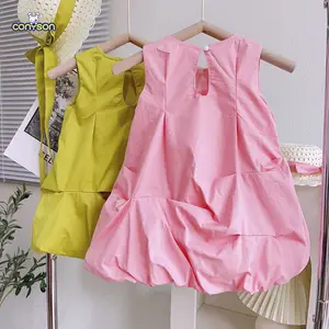 Conyson Summer New Arrival Girls Sleeveless O Neck Bow Pink Green LOVELY kid clothing Cute Party Dress custom kids dresses