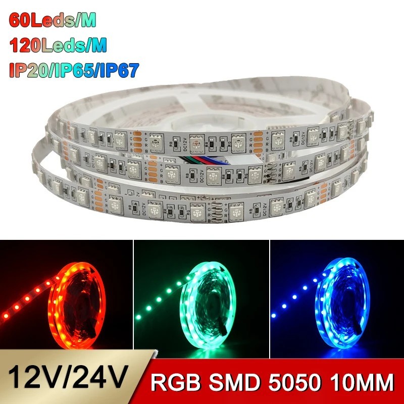 Custom Waterproof IP65/IP67 12V/24V RGB SMD 5050 5mm 10mm Flicker-free Cuttable Self-adhesive SMD5050 Led Strip Light