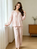 Pyjama long de luxe pour femme en fibre de bambou, léger et respirant, haut à manches longues et pantalon à taille élastique, collection printemps/été