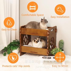 Wooden Cat <b>Bed</b> Double Layer Cat House With Faux Fur <b>Pad</b> For Cats Four Seasons Use - Product Image 3