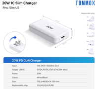 Chargeur rapide pliable Tommox USB-C PD 20W avec port Type-C pour téléphone portable, tablette, iPad Air, iPhone, charge rapide