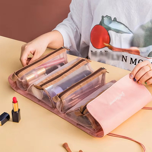 Bolsa de almacenamiento de brochas de maquillaje de nailon con cremallera para mujer, organizador de cosméticos plegable de malla separable para artículos de tocador de mujer con cierre de cuerda - Product Image 3