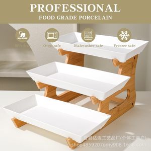 Estante de tres niveles de madera para servir frutas y postres, soporte de bambú con bandejas blancas para aperitivos de fiesta del té. - Product Image 2