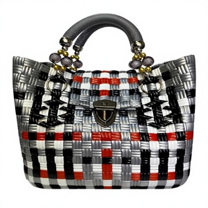 Handmade Woven Plastic Reusable Bag Eco Friendly Plaid Shopping Basket <b>Handbag</b> With Beaded Handle And Secure Metal Lock - Product Image 5