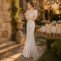 Robe de soirée champagne à sequins et dentelle, col bateau, ornée de perles et de franges, longueur ras du sol, sur mesure, vente en gros