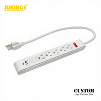 Stop Kontak Ekstensi Surge Protector 5 Lubang 300-Joule Kabel Tembaga PVC 3 Kaki 15A 125V 1 USB 1 Type-C Pengisi Daya Berlampu Putih OEM