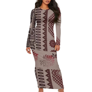 Hot Sale <b>Custom</b> Hawaiian Print Polynesian Maxi Dress Long Sleeve Casual Vintage Natural Waist Washable High Quality Office Dress - Product Image 2