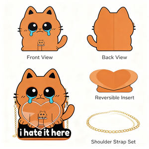 Sac Ita personnalisé en forme de chat pleurant marron, sac à main en forme de chat de dessin animé avec fenêtre en forme de cœur pour l'affichage des badges - Product Image 1