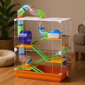 Cage à hamster orange de 18 pouces à 5 niveaux avec tubes, tunnels, bouteille d'eau, gamelle, roue d'exercice, portable, pour usage intérieur - Product Image 2