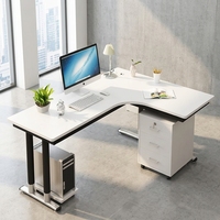 Bureau de direction moderne en forme de L, blanc, grand bureau en bois, poste de travail informatique avec tiroirs, meubles