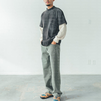 T-shirt personnalisé vierge délavé au soleil et à l'acide, décontracté, en maille gaufrée, avec poche, en coton épais double couche, à manches longues