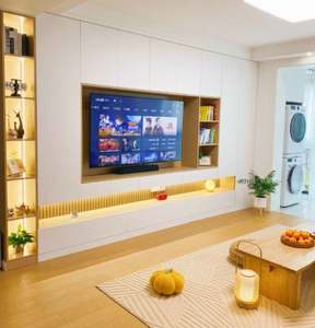 Meuble TV en bois moderne et simple, pliable, avec rangement mural intégré, bibliothèque et porte-bouteilles pour salon ou maison de style campagnard - Product Image 2