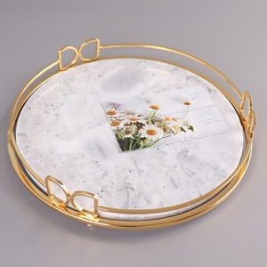 Großhandel Marmor Kreis Lebensmittel Anzeige Tablett Vintage Marmor Ramadan Kerze Schmuck Uhr Lagerung Serviert ablett mit Gold griff - Product Image 1
