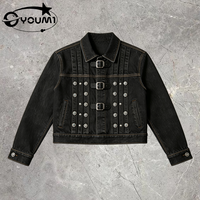 Veste en jean noire style western avec rivets tournesol, manches longues, col à revers, manteau en jean streetwear, veste en jean japonais selvedge brut