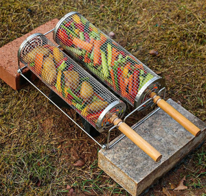 Cesta de barbacoa portátil con mango de madera, antirrobo, de acero inoxidable 304, para exteriores, con tubo y red para asar. - Product Image 6