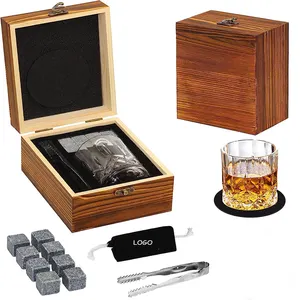 Most Popular Custom Logo Granite Whiskey Stones And Whiskey Glass Gift Set With Luxury Wooden Box For Father