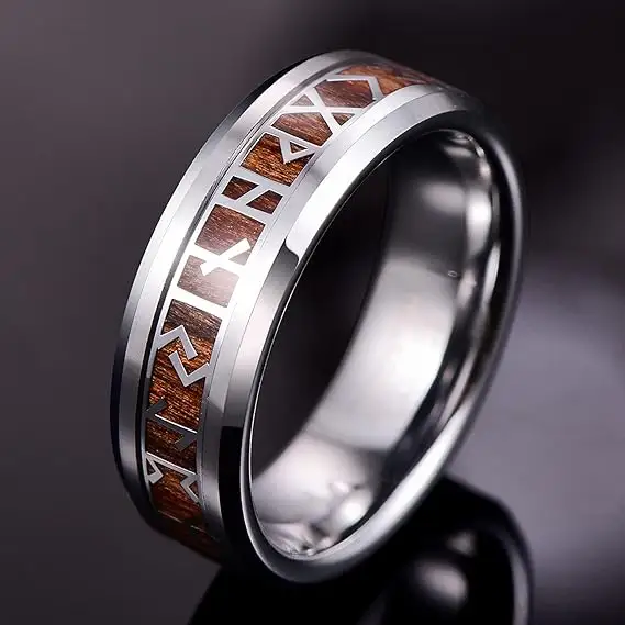 Date 8mm Mens Ring Silver Tungsten Ring avec Viking Rune et Wood Inlay Men Viking Rings
