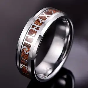 Rune Newest 8mm Mens Ring Silver Tungsten Ring With Viking Rune And Wood Inlay Men's Viking Rings