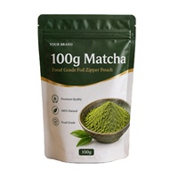 Sachet de 100g de poudre de thé vert Matcha, emballage en aluminium alimentaire avec fermeture éclair