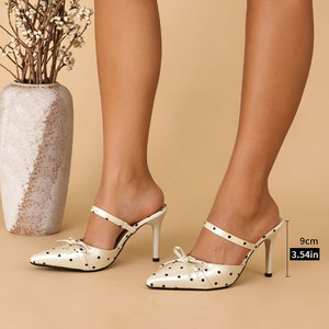 Nouvelles pantoufles sexy pour <span class=keywords><strong>femme</strong></span> à bout pointu, talons hauts, motif pois, nœud circulaire, anneau de cheville, talon fin conique de 9 cm MuY522 - Product Image 3