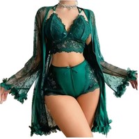 Ensemble trois pièces de lingerie sexy en dentelle pour le commerce transfrontalier : nuisette, porte-jarretelles et culotte transparente légère (ODM)