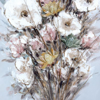 Peinture sur toile de bouquet floral aux tons doux naturels, blanc, rose et vert, art mural botanique texturé