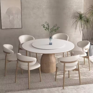 Mesa de Comedor Redonda de Piedra Sinterizada de 130 cm, 150 cm, 3 Pies, Mesa de Comedor Giratoria con Base de Madera Maciza para 6 a 8 Personas - Product Image 1
