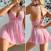 Ensemble nuisette rose en dentelle Sfy4115 pour femme, chemise de nuit transparente en maille, décolleté plongeant, ourlet festonné, taille haute, bretelles spaghetti, nœud, coupe trapèze, mini
