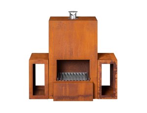 Cheminée moderne autoportante à bois avec rangement, utilisable en intérieur et en extérieur, en acier Corten et finition noire. - Product Image 4