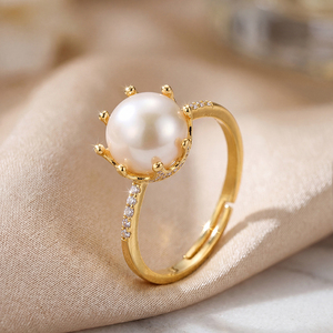 Gold Plated S925 <b>Silver</b> Pink Freshwater Pearl <b>Ring</b> CZ Accent <b>Adjustable</b> Jewelry for Women - Product Image 4