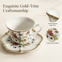 Ensemble tasse et soucoupe à café en céramique, motif floral coloré, style vintage européen, bord festonné et finition dorée, pour le thé de l'après-midi, 250 ml, réutilisable, pour la maison