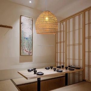 Lustre en bambou, abat-jour suspendu manuellement, éclairage de plafond en maille de <span class=keywords><strong>canne</strong></span>, lampe suspendue à économie d'énergie, blanc chaud 2700K, cuisine - Product Image 1