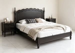 Premium <b>Queen</b> <b>Size</b> Black Wood Spindle <b>Bed</b> With Scalloped Wave Headboard For Vintage Bedroom - Product Image 2