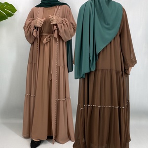 Discount Hot Selling 2PCS Abaya Set (White Pearls Open Abaya Plus Solid Color Long Sleeve <b>Slip</b> Dress) for Muslim <b>Women</b> 1964+6597 - Product Image 1