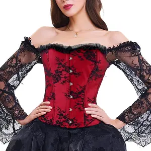 Phụ Nữ Ren Trang Trí Gạc Dài Tay Áo Tráng Korsett Espartilho Corset Áo Tiền Áo Sơ Mi Colombienne Áo Nịt Ngực