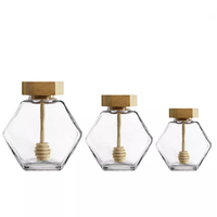 Pot en verre hexagonal pour miel de 100 ml, 220 ml, 380 ml avec cuillère en bois et couvercle en liège