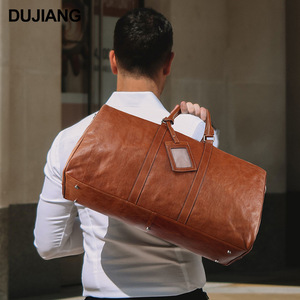 Dujiang <b>Leather</b> Travel <b>Bag</b> 36-55L Large Capacity Men's Business Duffel <b>Bag</b> Solid Color Retro Style - Product Image 1
