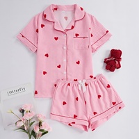 Conjunto de Pijama de Manga Corta con Cuello para Mujer, Diseño ODM con Estampado de Corazones y Rayas, Pijamas Bonitos para Verano