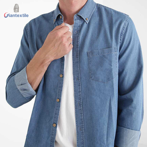 Camicia in Denim da <span class=keywords><strong>uomo</strong></span> in cotone poliestere a manica lunga moda blu tinta unita Camisa De Hombre - Product Image 5