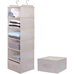 Hanging Closet Organizer <b>6</b>-Shelf With <b>Drawer</b> Foldable Beige For Clothing Bedroom Storage - Product Image 1