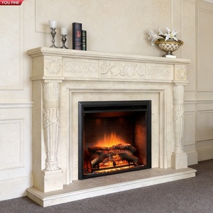 Cheminée en marbre de pierre calcaire sculptée YOUFINE, manteau en pierre crème avec cadre de foyer de style classique, taille personnalisée - Product Image 2